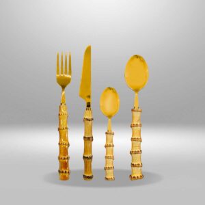 Set de 4 Cubiertos Dorados - Con Mango de Bambú